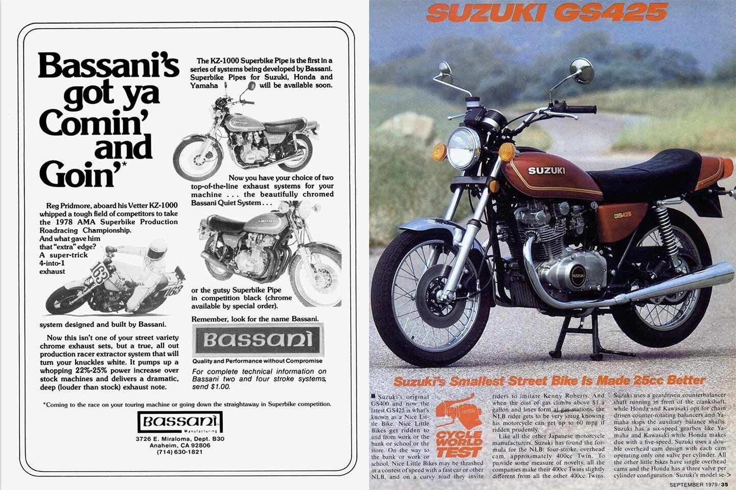 <i>Cycle World</i> review of the underwhelming 1979 Suzuki GS425. But check the cool Bassani ad featuring AMA Superbike champion Reg Pridmore’s Kawasaki KZ1000.