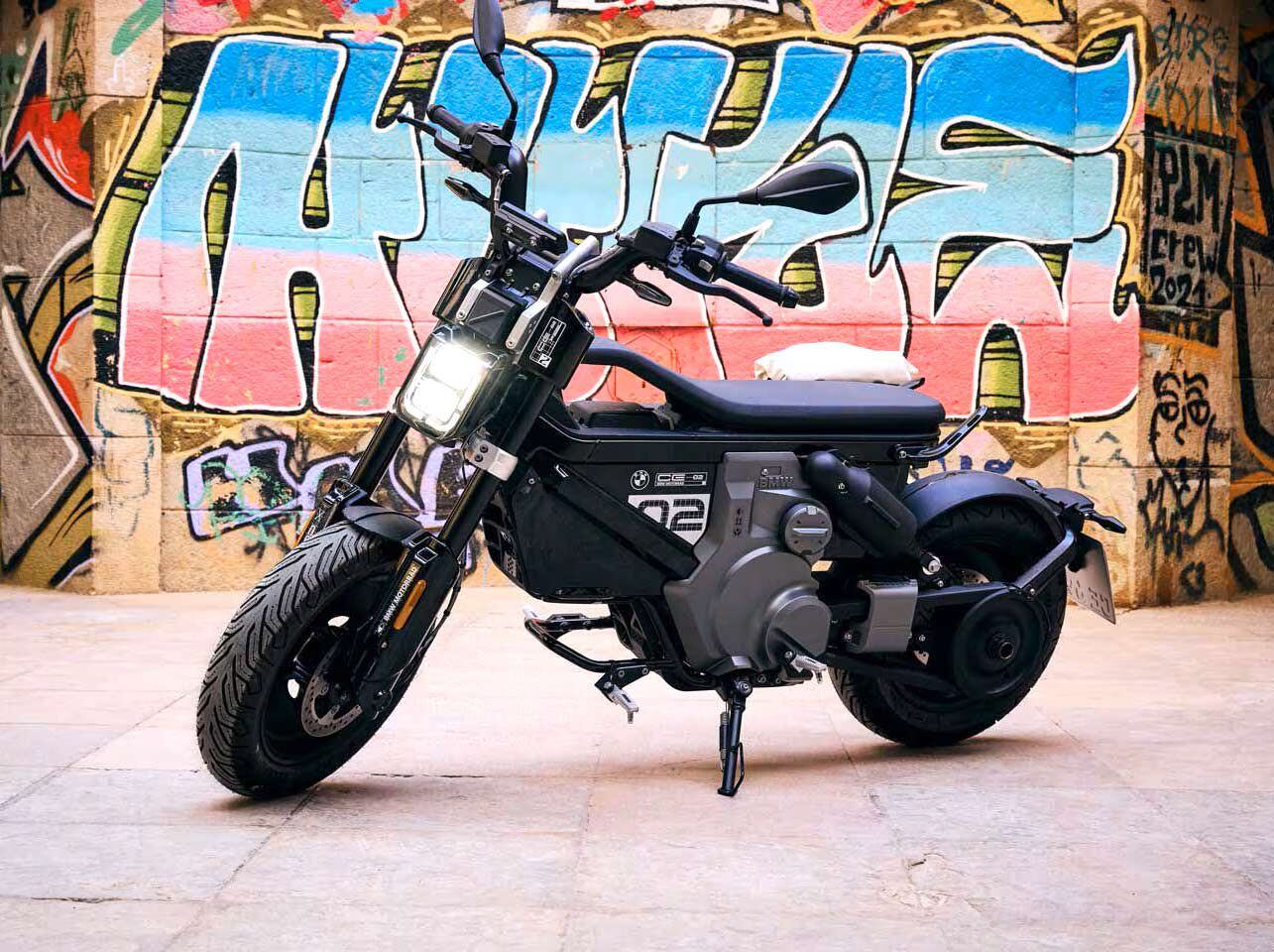 The black-only base-model 2024 BMW CE 02, shown here, is the one that retails for $7,599 (preorder price) and $8,194 (regular retail). The Highline Package is $875 more.