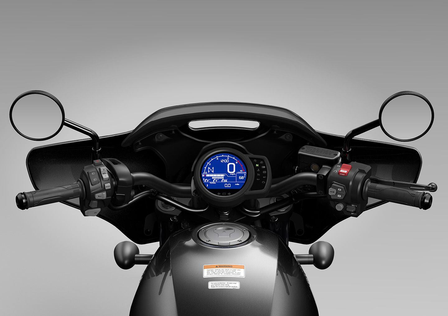 The Rebel’s simple LCD dash is basic but straight-forward to use, allowing riders quick adjustment of various settings. Note: cruise control and the left bar-mounted paddle shifters.