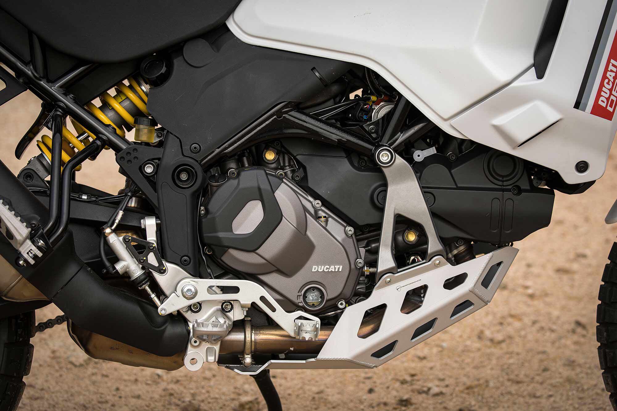 The 937cc engine is the same as used in the Multistrada V2, but with revised first and second gear ratios, a lower-ratio final drive, and fresh calibration designed to deliver as wide a spread of power as possible.