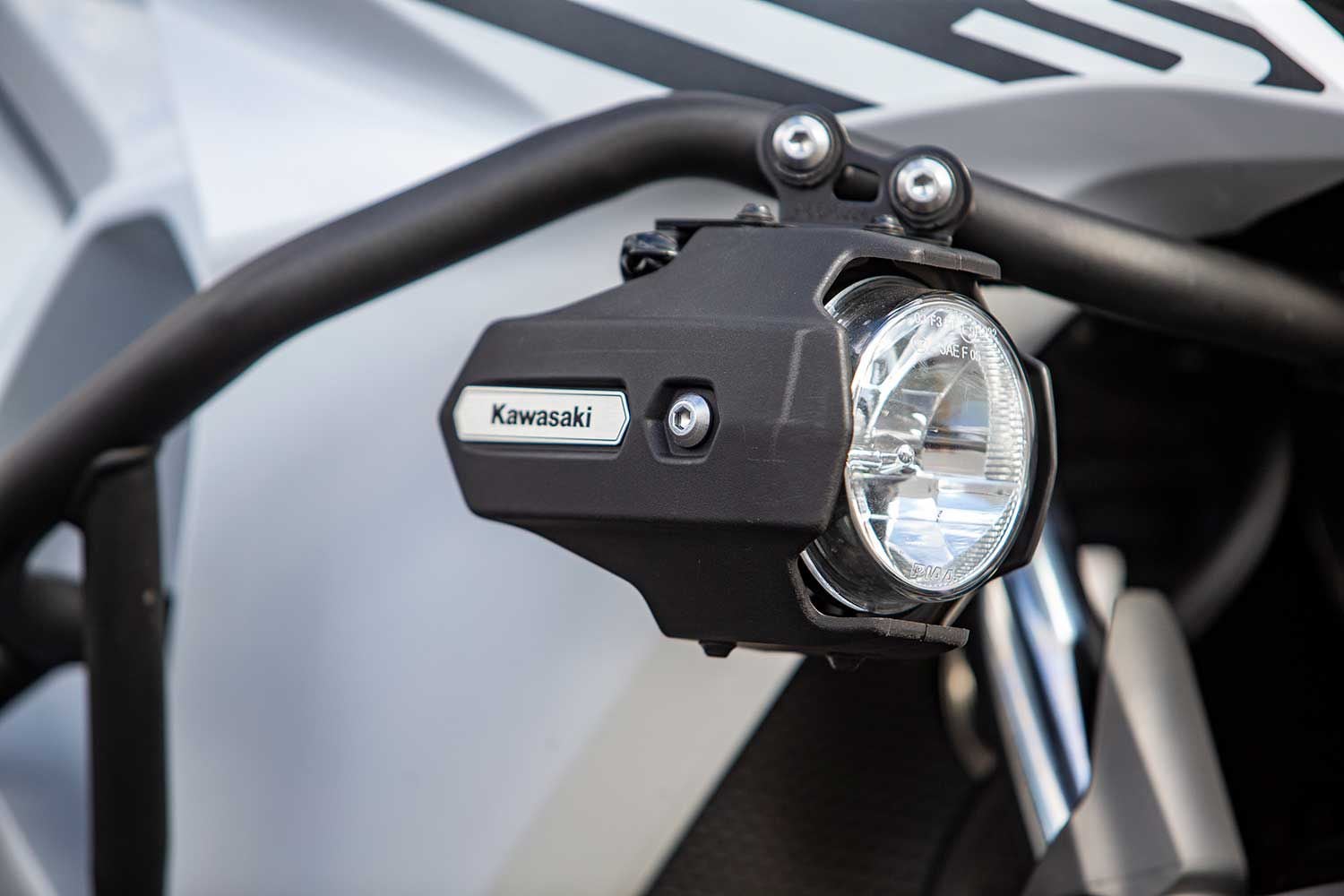 Our test unit came equipped with various accessories from Kawasaki’s catalog, including these LED auxiliary lights ($409.95). These units offer an extra breadth of illumination, particularly at low speeds.