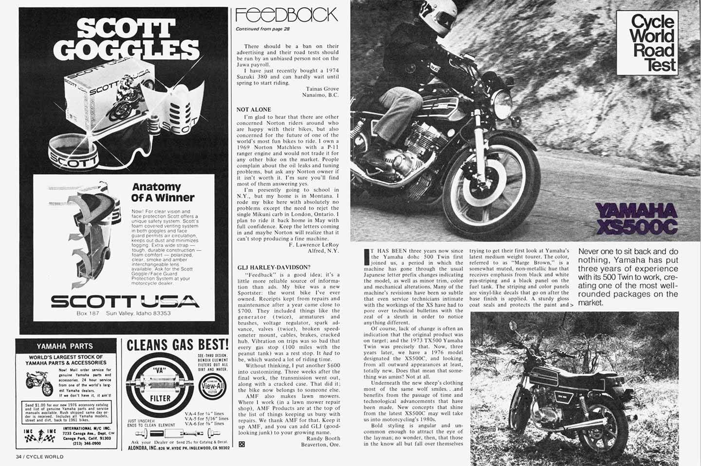 <i>Cycle World</i> review from 1976 of the Yamaha XS500C. They liked it. But present-day <i>Motorcyclist</i> readers beg to differ.