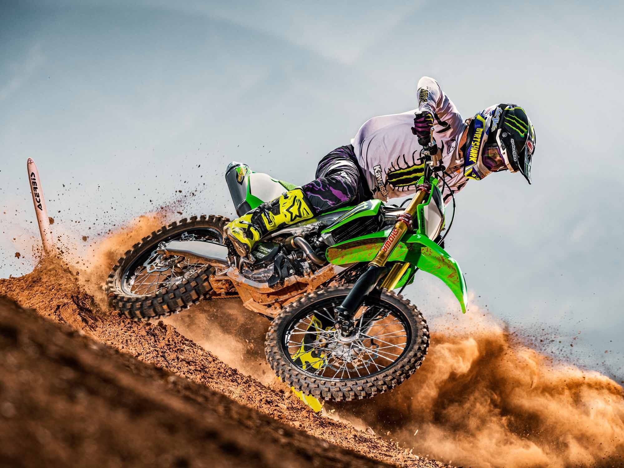From the 2022 Monster Energy Kawasaki race team to the people: The 2023 Kawasaki KX450SR enters its second year as a factory-level production dirt bike.