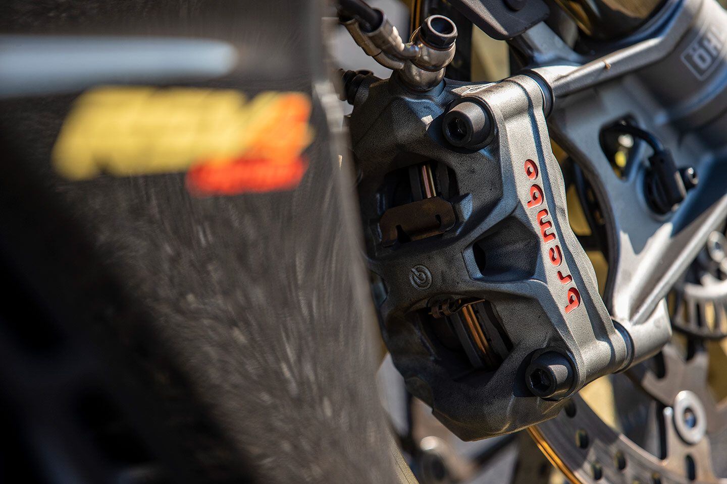Brembo Stylema monoblock calipers are top-notch components, though the Aprilia is slightly tougher to get slowed down compared to its superbike competition.