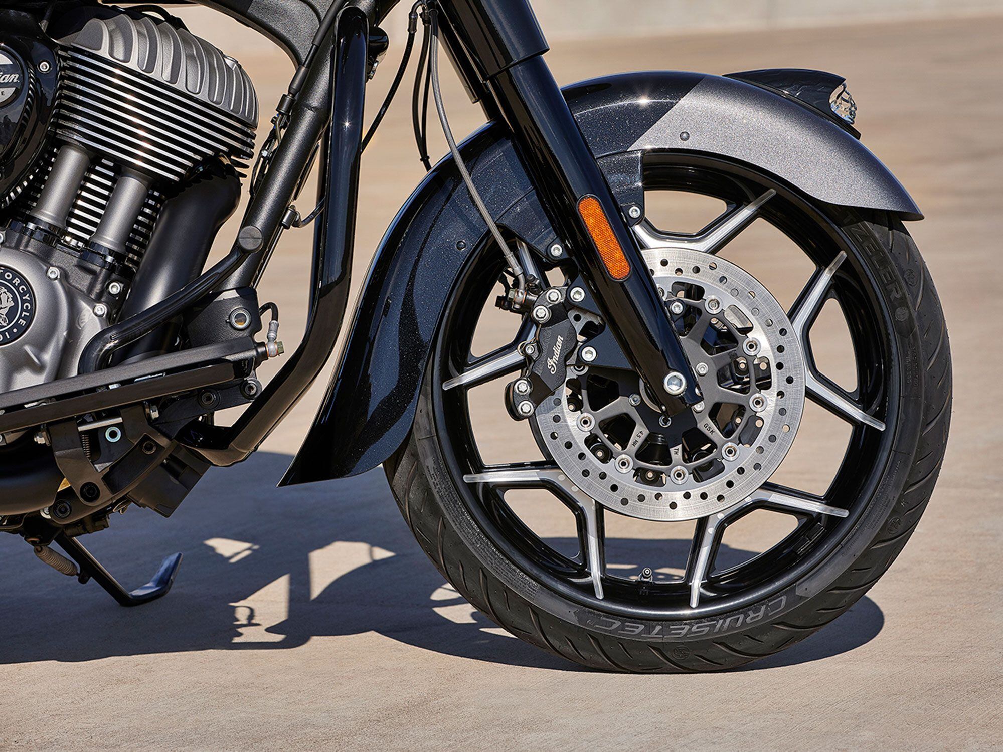 The forged, 19-inch front wheel is wrapped in a Metzeler Cruisetec tire and hugged by Indian’s iconic fender shape.