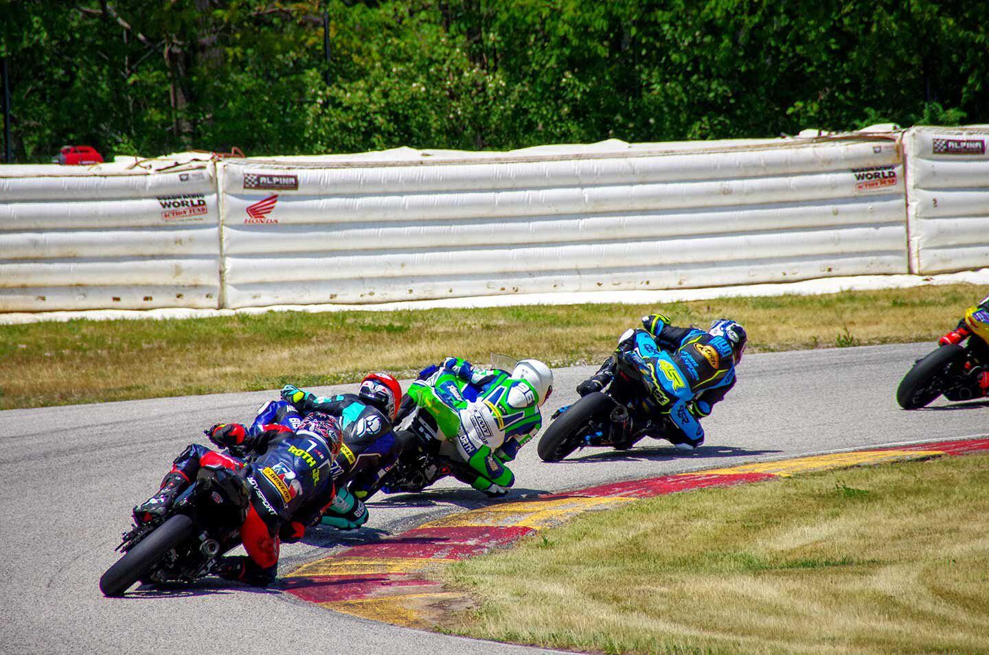 Saturday’s Junior Cup riders negotiating the Kink. Curiously, the Kink wasn’t repaved, unlike the rest of the Road America track surface.