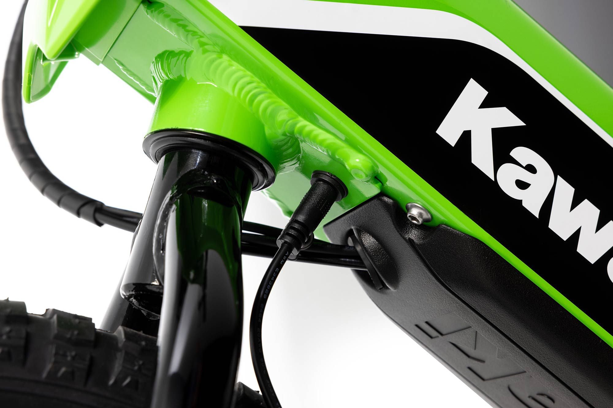The charger plugs into the front of the bike and can be connected to a 110-volt outlet.