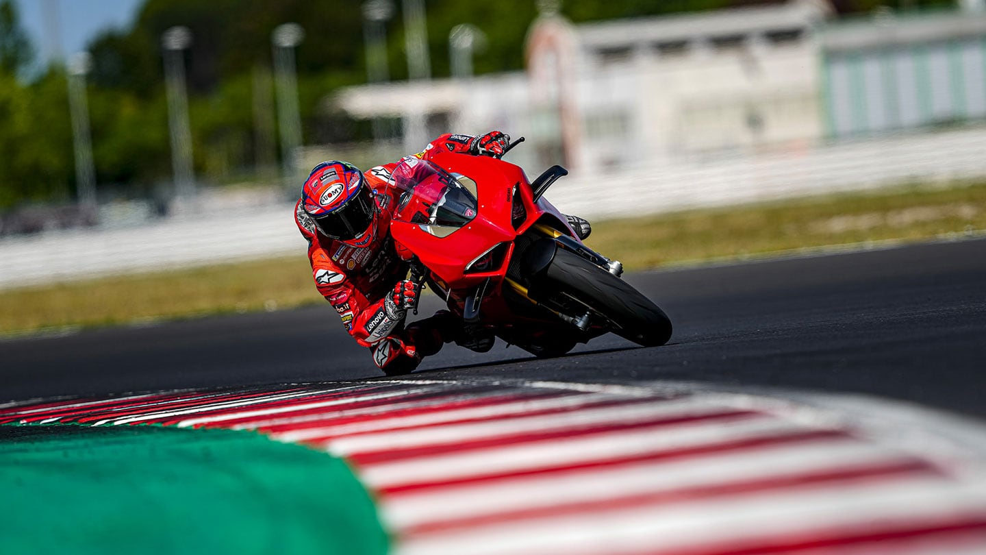Pecco Bagnaia, two-time and reigning MotoGP world champion, aboard a Panigale V4 S.