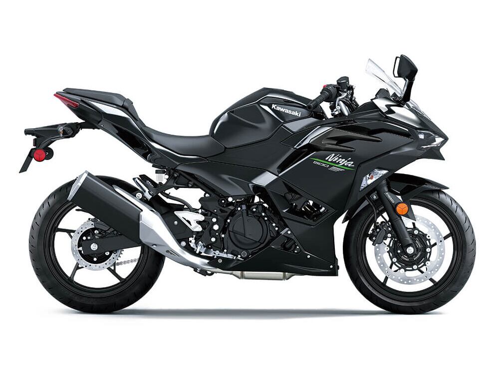 2024 Kawasaki Ninja 500 in Metallic Spark Black/Metallic Flat Raw Graystone.