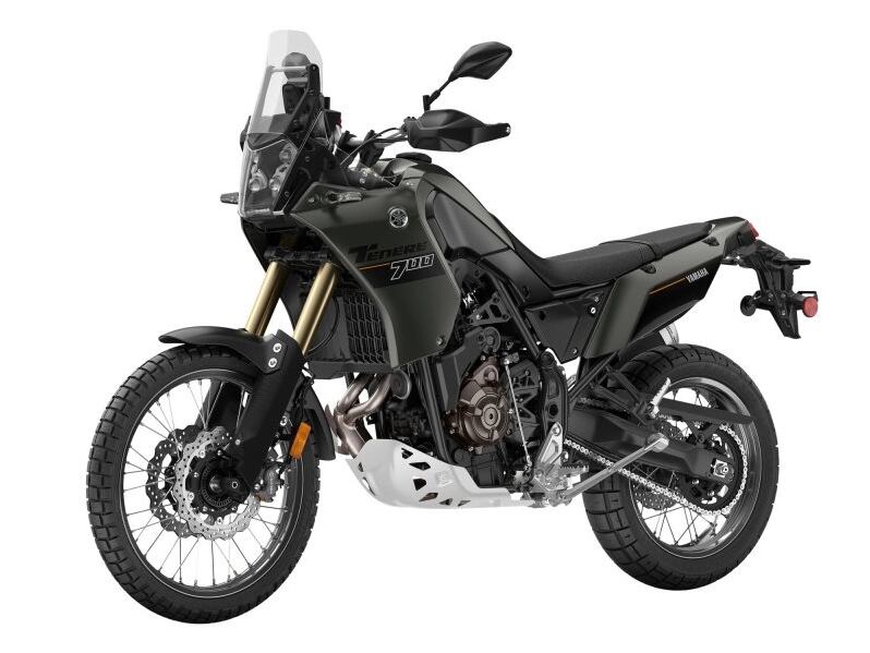 The Ténéré 700 is also available in the more rugged-looking Shadow Gray color. Notice the rally-bike inspirations in the small front fairing.