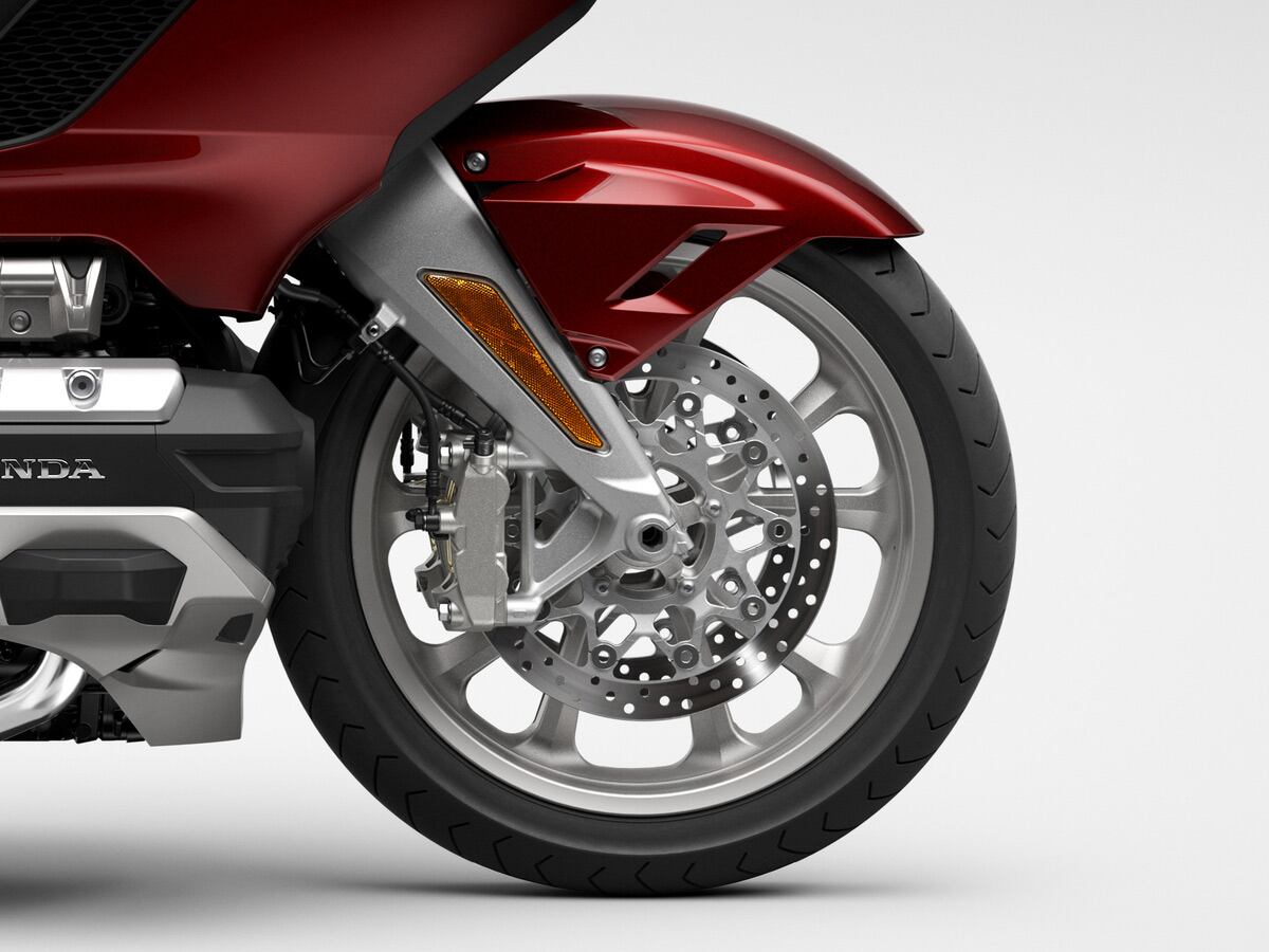 Honda's twin-A-arm front suspension is a signature of the sixth-generation Wing. 2023 model pictured.