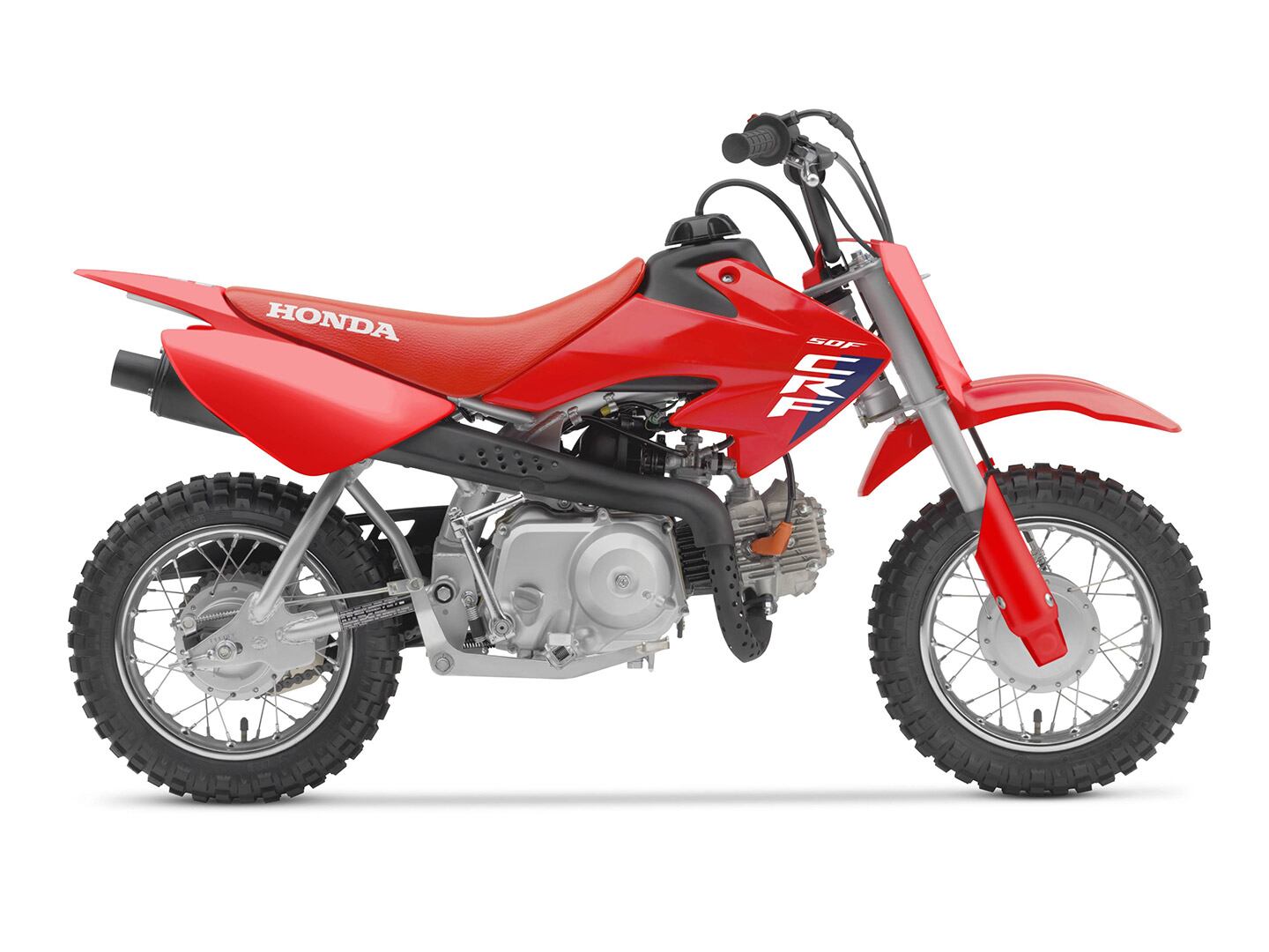 Motocross dreams can start here: the 2025 Honda CRF50F, in red.