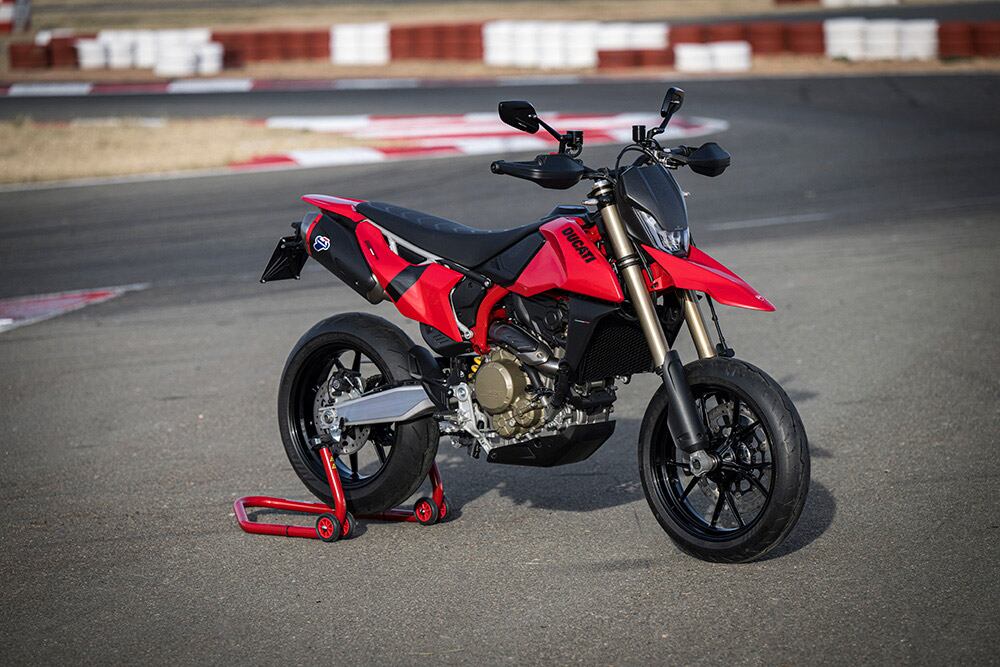 The base model, pictured here with Termignoni exhausts, sump guard, and carbon fiber headlight fairing from the accessory catalog.