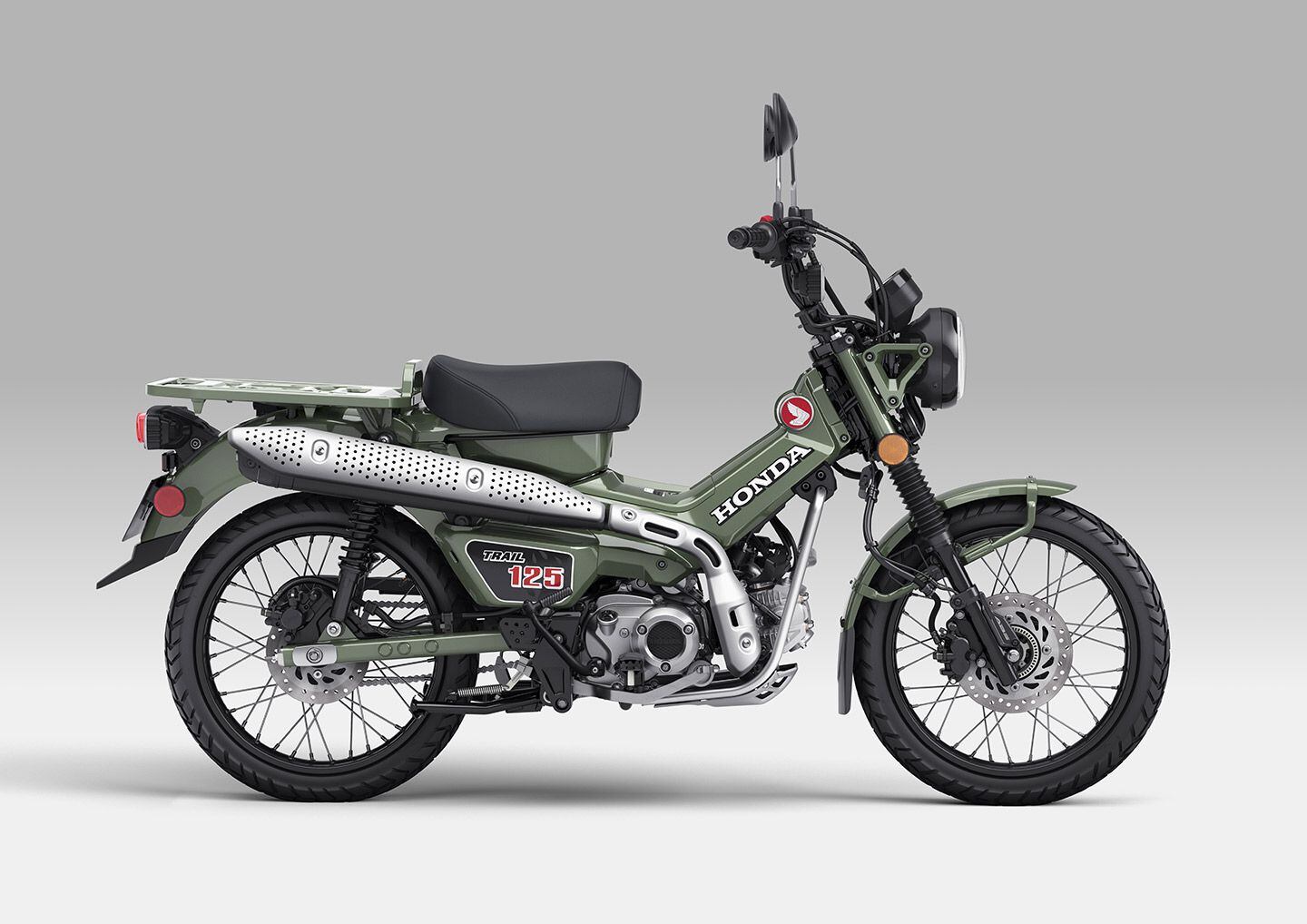 The Trail125’s engine that’s plucked from the 2022 Super Cub has the Japanese-market C110’s bottom end and the Grom’s single overhead cam, two-valve top end. The Trail’s muffler may look the same as it did in 2022, but the internals have been revised.