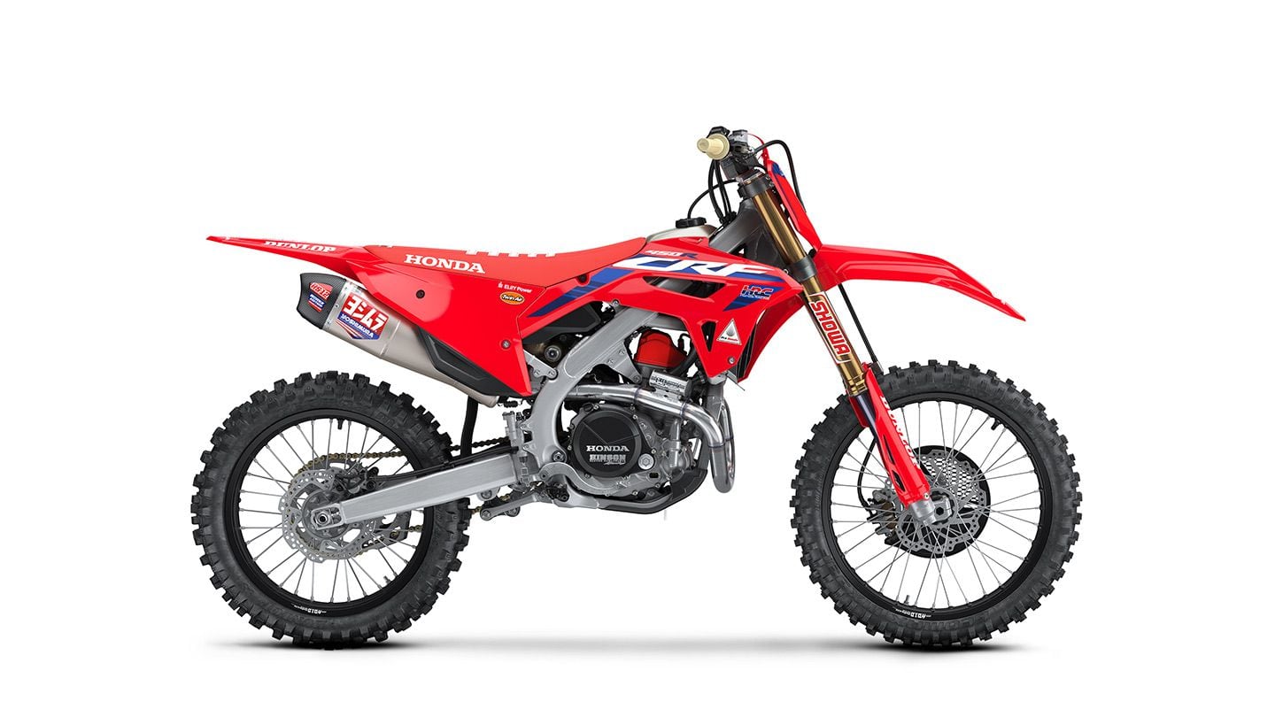 For all the wonderful things Big Red does, plentiful and dynamic product photography is not among them. Here’s a stock shot of the 2024 Honda CRF450RWE.